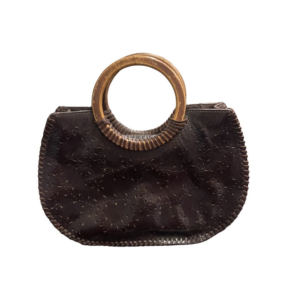 Kenneth Cole New York Leather Satchel Handbag Wooden Top Handle Vintage Boho Y2K